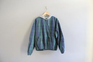 Size L Canvas Plaid Hooded bomber Jacket England Classic Green Check Hoodies 80s 90s vintage O247A
