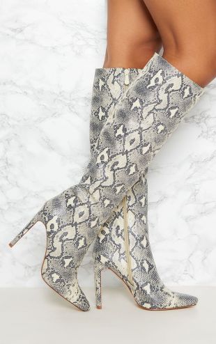 prettylittlething - Snake Print Knee High Heeled Boot