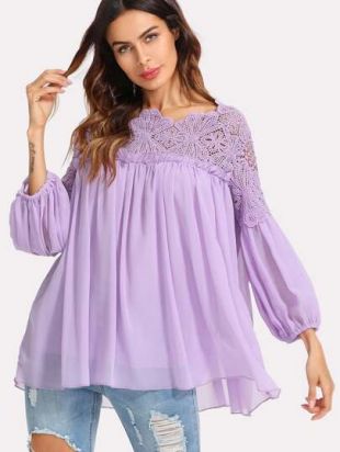 Guipure Lace Yoke Semi Sheer Smock Top