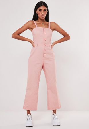 Pink Dungaree Button Culotte Jumpsuit