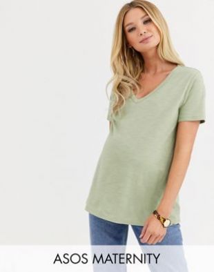 ASOS DESIGN Maternity - T-shirt col V en jersey flammé - Kaki | ASOS