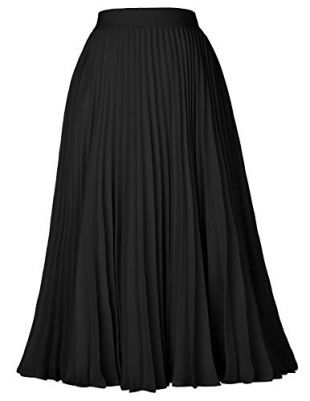 High Waist Elastic Pleated Swing Skirt Tea Length Black Size M KK659-3