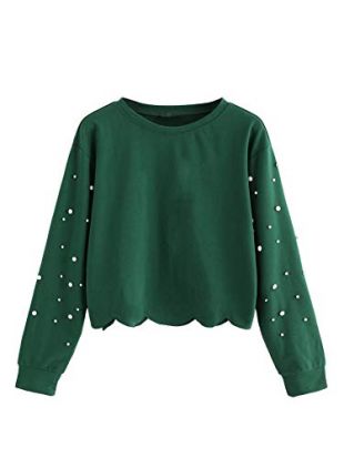 ROMWE Casual cultivos de manga larga con capucha Tops borde festoneado perla para las mujeres Large Verde-perla