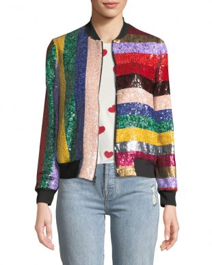 Alice + Olivia Lonnie Zip-Front Sequined Leather Bomber Jacket