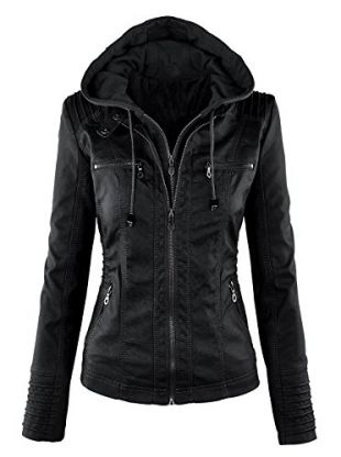 Women's Hooded Black Biker Motorcycle Faux Leather Jacket Missy
