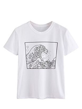 ROMWE Women's Short Sleeve Top Casual The Great Wave Off Kanagawa Graphic Print Tee Shirt - White - XL (1X)
