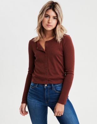 AE Long Sleeve Snap Front Henley T-Shirt in Brown