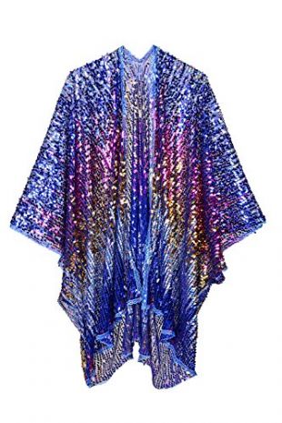 The LUMi Shop Multicolor Sequin Kimono Colorful Cover-Up Wrap Holographic Festival Fashion Shawl (Deep Ocean)
