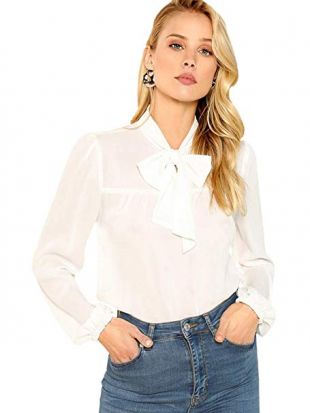 Sweatyrocks - Women's Chiffon Blouses Tie Neck Long Sleeve Lace 