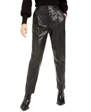 Black Pleated Faux-Leather Pants