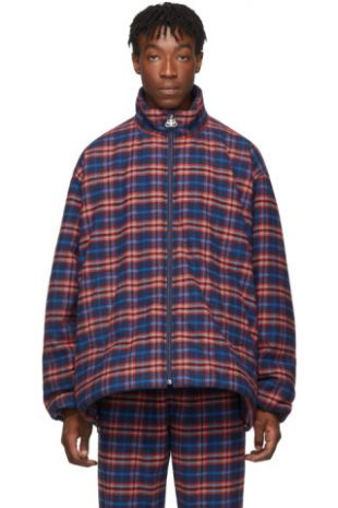 Balenciaga - Blouson matelassé en flanelle à glissière et carreaux bleu et rouge