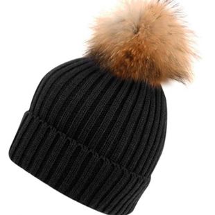 Solid Cable Knit Real Raccoon Fur Pom Pom Skull Cap Hat Beanie