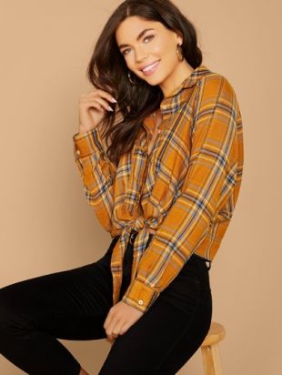 Checkered Plaid Long Sleeve Tie Hem Shirt