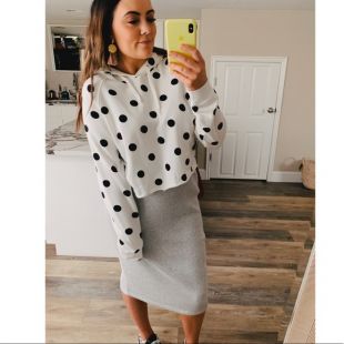 Black and white polka dot raw hem hoodie