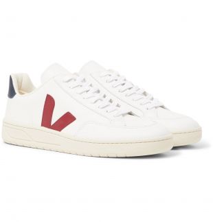 White V-12 Rubber-Trimmed Leather Sneakers