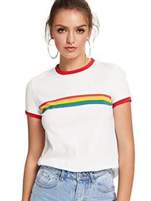 Women's Slim Fit Short Sleeve Rainbow Striped Colorblock Print Ringer Tee