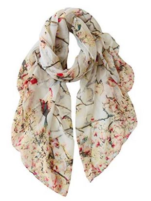 Long Womens Soft Scarf Floral Birds Print Wrap Shawl Scarfs For Christmas Season (Beige)