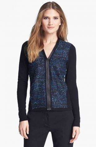 Blue Tweed Zip Front Sweater