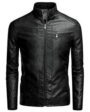 Stand Collar Leather Jacket Men Moto Black
