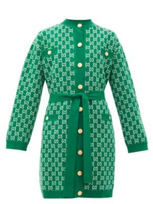 'GG' Jacquard Green Wool Cardigan