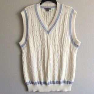 Sweater Vest Ivory Cotton V-Neck Cable Knit