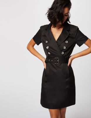 Robe droite ceinturée à boutons noire