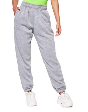 Women Fleece Casual Oversized Jogging Joggers Ladies Cuffed Tracksuit Bottoms (Grey, S/M)