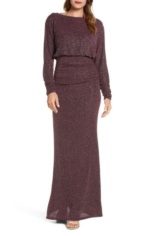 Cowl Back Metallic Long Sleeve Gown