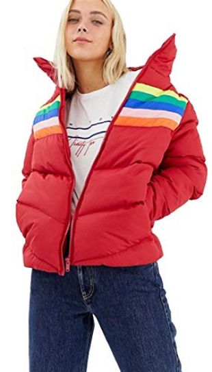 Ladies Oversized Rainbow Chevron Stripe Insert Polyester Padded Short Jacket