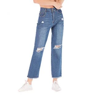 High Waist Jeans for Teen Girls Women Casual Loose Hole Denim Wide Leg Pants