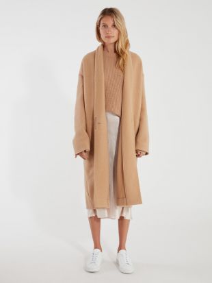 Collarless Long Wool Coat
