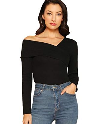Asymmetrical Neck Ribbed  Top Black