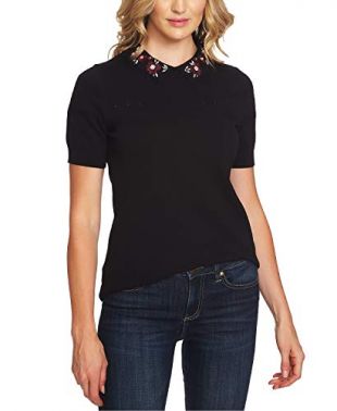 Womens Short Sleeve Embellished Collar Pointelle Sweater