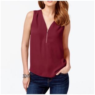 Zip-Front Knit Back Tank Blouse
