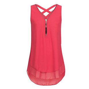Women Sleeveless Shirts V-Neck Zip Front Tops Criss Cross Tank Tops