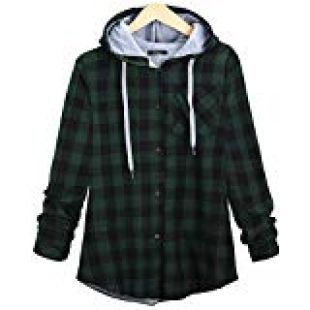Women's Soft Casual Mid-Long Plaid Checker Pattern Hood Button Down Shirt Top (us l = Label 2XL, Green)