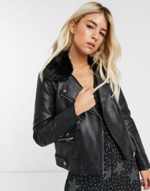 Faux leather biker jacket with faux fur collar in black