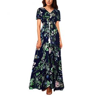 Short Sleeve V Neck Swing Maxi Dress