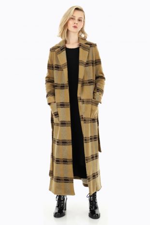 Auralee Manteau long en laine à carreaux avec ceinture pour homme