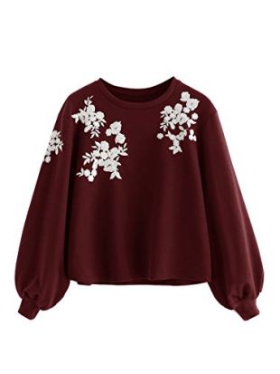 Women's Loose Embroidery Lantern Sleeve Pullover Sweatershirts