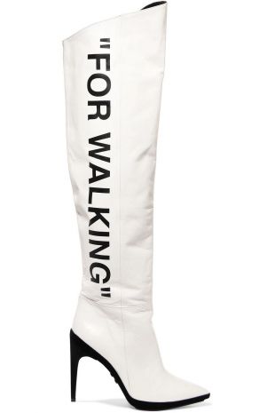 White Printed Leather Knee Boots