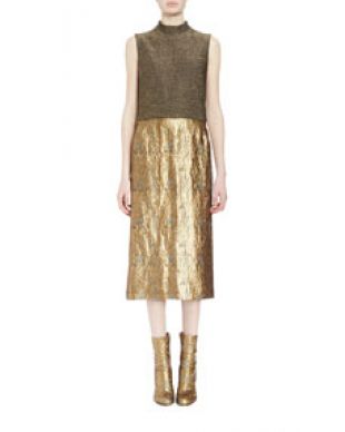 Diman Mock Neck Brocade Combo Dress, Gold