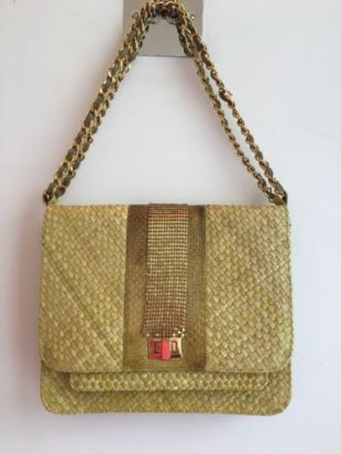 Yellow Woven Bamboo Snakeskin Shoulder Bag