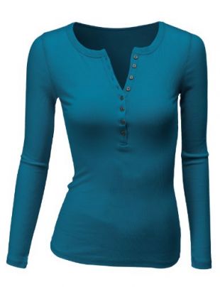 Doublju Long Sleeve Thermal Henley T-Shirt for Women with Plus Size Teal 2XL