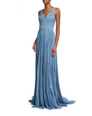 Pleated V Neck Silk Chiffon Gown, Parisian Blue