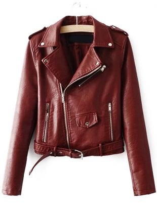 Faux Leather Buckle Belt Hem Moto Jacket  SheIn(Sheinside)