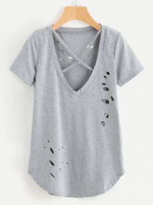 Plunge Criss Cross Distressed Tee