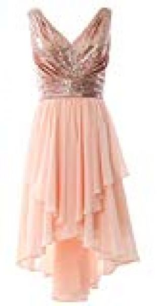 MACloth Women High Low Bridesmaid Dress V Neck Sequin Wedding Guest Formal Gown (US4, Rose Gold)