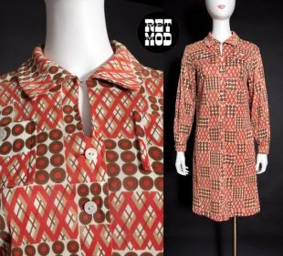 Confortable Cool Vintage 60 s 70 s saumon, Beige & blanc optique Art motif géométrique en Nylon robe à manches longues