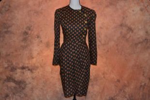 Vintage 80s Albert Nipon Femme Pleated Wrap Jupe Tulip Hem Navy Blue and Gold Fitted Long Sleeve Tapered Waist Tailor Tailor Tailor Tailor Porter